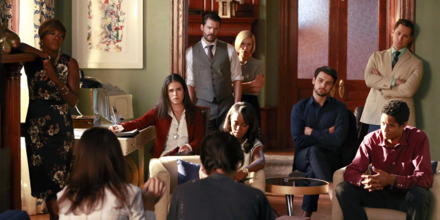 HOW TO GET AWAY WITH MURDER - "We're Not Friends" - Annalise takes on a tough case defending a minor who fatally shoots his police officer father. Meanwhile, Annalise and Sam continue to argue over his relationship with Lila, and Wes and Rebecca begin to question Annalise's motives. In flash-forwards, we learn more about Laurel's relationship with Frank and why he was calling her the night of Sam's death, on "How to Get Away with Murder," THURSDAY OCTOBER 23 (10:00-11:00 p.m., ET) on the ABC Television Network. (Mitchell Haaseth/ABC via Getty Images)VIOLA DAVIS, KARLA SOUZA, CHARLIE WEBER, AJA NAOMI KING, LIZA WEIL, JACK FALAHEE, MATT MCGORRY, ALFRED ENOCH