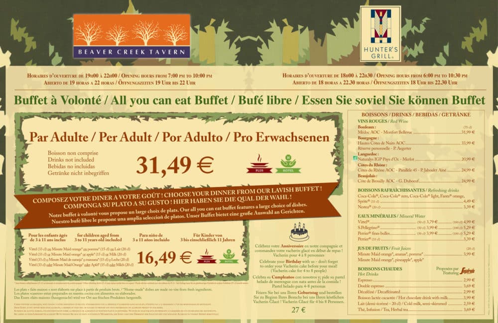 Carte et menu du buffet Hunter's Grill et Beaver Creek Tavern au Disney's Sequoia Lodge
