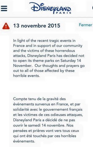 Disneyland Paris Communiqué fermeture 14 11 2015
