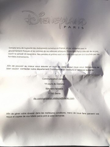 Disneyland Paris Communiqué fermeture 14 11 2015 papier
