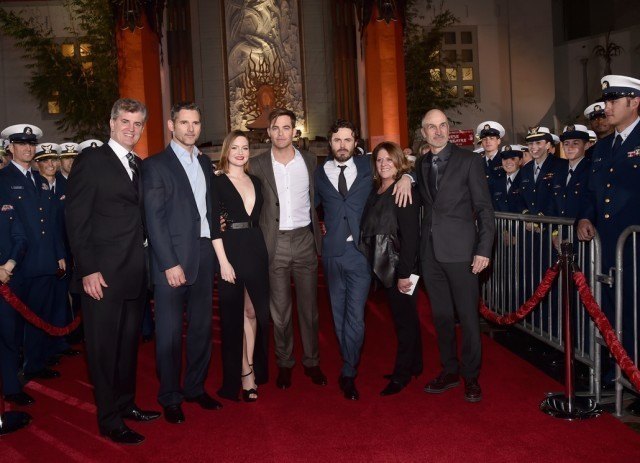 HOLLYWOOD, CA - JANUARY 25: (L-R) Producer James Whitaker, actors Erica Bana, Holliday Grainger, Chris Pine, Casey Affleck, producer Dorothy Aufiero and director Craig Gillespie and the cast of Disneys The Finest Hours were greeted by the U.S. Coast Guard Band, Honor Guard and throngs of fans at the films premiere earlier tonight at the TCL Chinese Theater on Hollywood Blvd. The heroic action-thriller opens in U.S. theaters this Friday, January 29. (Photo by Alberto E. Rodriguez/Getty Images for Disney) *** Local Caption *** James Whitaker; Eric Bana; Holliday Grainger; Chris Pine; Casey Affleck; Dorothy Aufiero; Craig Gillespie