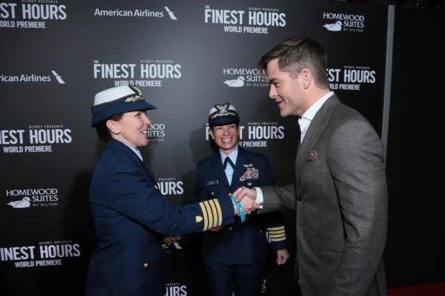 Chris Pine and the cast of Disney's The Finest Hours were greeted by the U.S. Coast Guard Band, Honor Guard and throngs of fans at the filmÕs premiere earlier tonight at the TCL Chinese Theater on Hollywood Blvd. The heroic action-thriller opens in U.S. theaters this Friday, January 29. (Photo: Alex J. Berliner/ABImages)