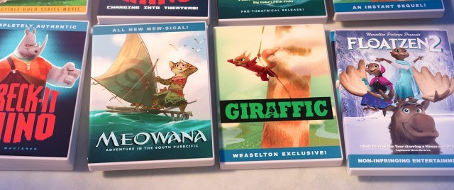 ZOOTOPIA – Easter Eggs: Weaselton Bootleg DVDs of MEOWANA, GIRAFFIC, FLOATZEN 2. ©2016 Disney. All Rights Reserved.