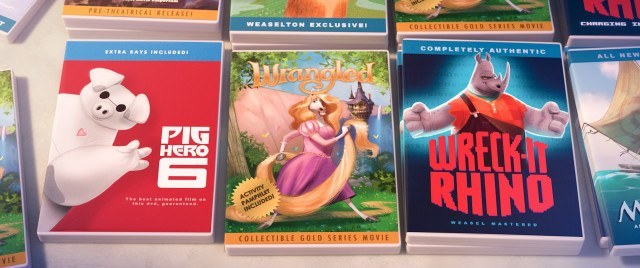 ZOOTOPIA – Easter Eggs: Weaselton Bootleg DVDs of PIG HERO 6, WRANGLED, WRECK-IT RHINO. ©2016 Disney. All Rights Reserved.