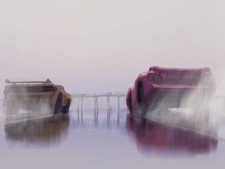 Concept-art de Cars 3 avec Cruz Ramirez et Flash McQueen que la plage