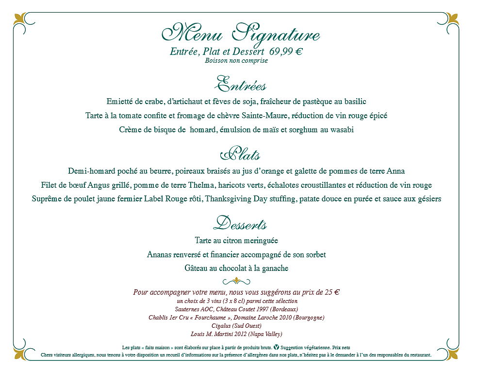 menu du Walt's - an American Restaurant signatures