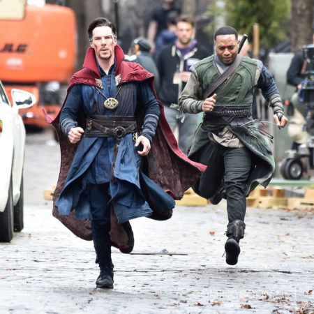 NEW YORK, NEW YORK - APRIL 02: Actors Benedict Cumberbatch (L) and Chiwetel Ejiofor are seen filming "Doctor Strange" on location on April 2, 2016 in New York City. (Photo by Michael Stewart/GC Images)