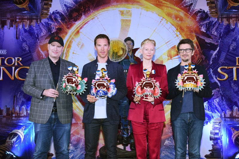 Kevin Feige, directeur des Marvel Studios ; Benedict Cumberbatch, Doctor Strange ; Tilda Swinton, L'Ancien ; Scott Derickson, le réalisateur.