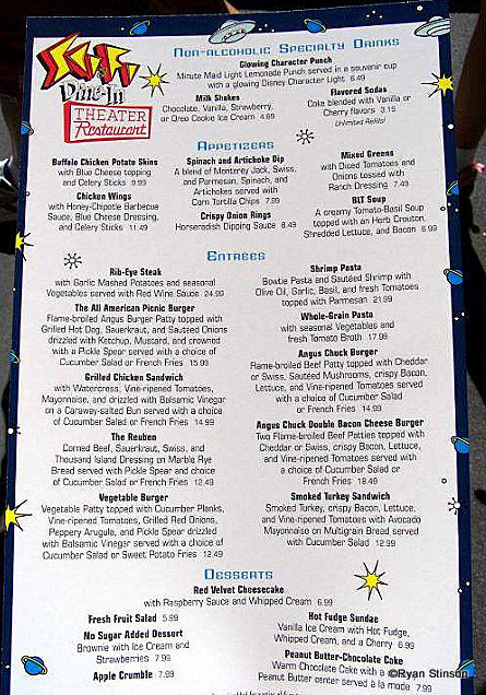 Photo du menu du Sci-Fi Dine-In Theater Restaurant au Disney's Hollywood Studios