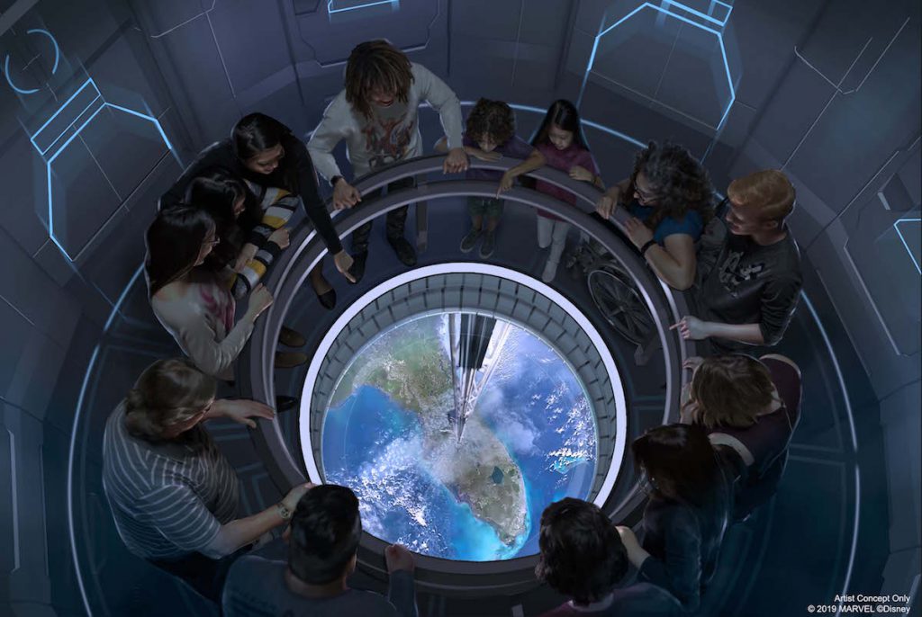 Artwork du restaurant Space 220 montrant l'ascenseur mantant dans l'espace.