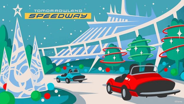 Artwork de la nouvelle version du Tomorrowland Speedway pendant les Mickey's Very Merry Christmas Party.