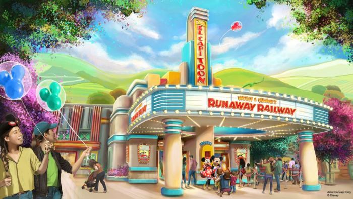 Artwork de l'attraction Mickey and Minne's Runaway Railway montrées lors de l'exposition D23 2019 pour Disneyland Resort présente dans le land Mickey's Toontown.