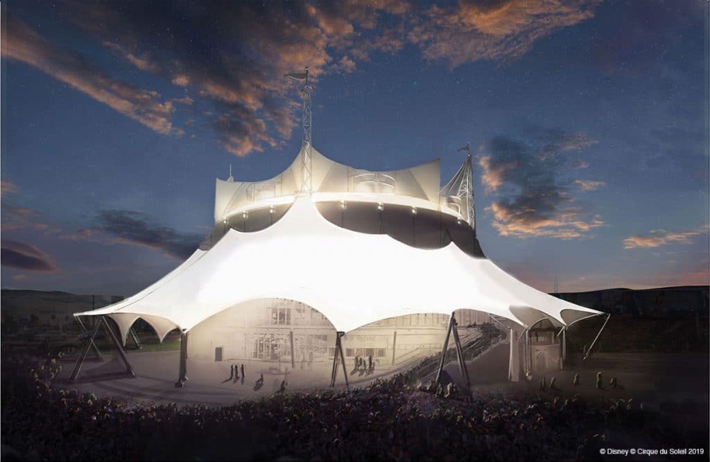 Artwork du théâtre qui accueillera le nouveau spectacle Cirque du Soleil annoncées lors de l'exposition D23 2019 pour Walt Disney Worlsd Resort