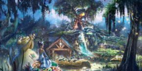 Artwork de l'attraction avec le thème de la Princesse et la Grenouille.