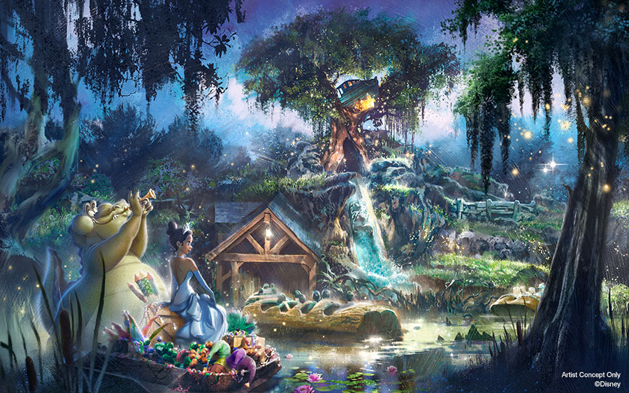 Artwork de l'attraction avec le thème de la Princesse et la Grenouille.