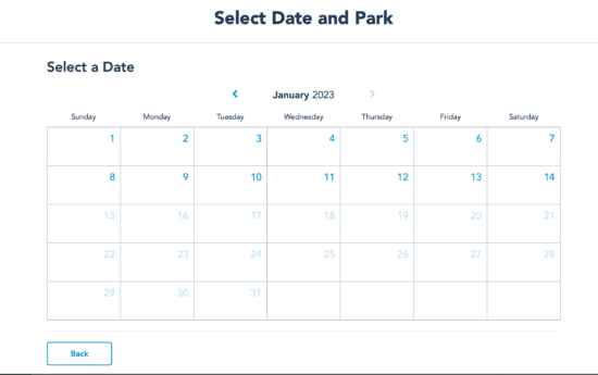 Screen du système de réservation de Disney Park Pass