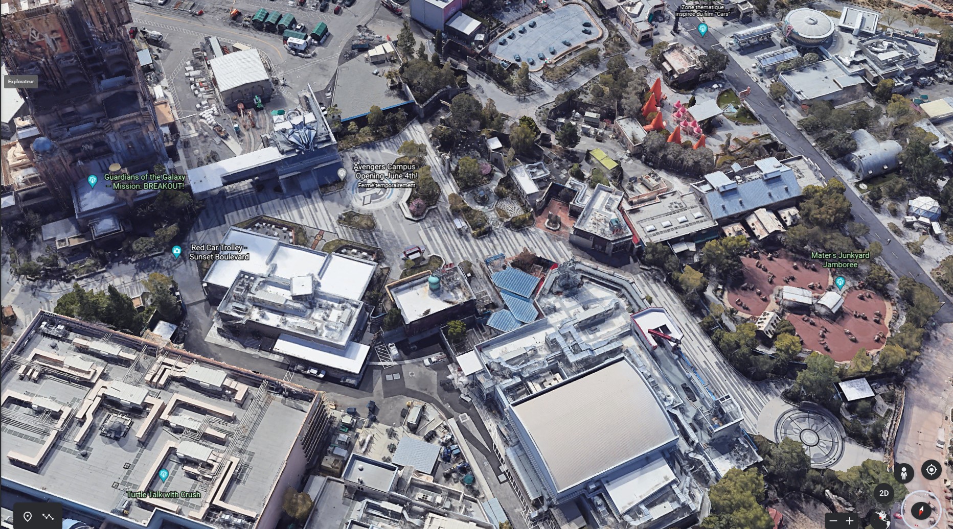 Vu d'ensemble de l'Avengers Campus à Disneyland Resort sur Google Earth