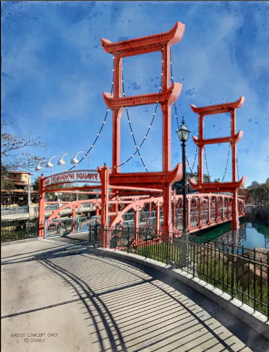 Artwork du San Fransokyo Gate Bridge qui ouvre le quartier San Fransokyo Square.