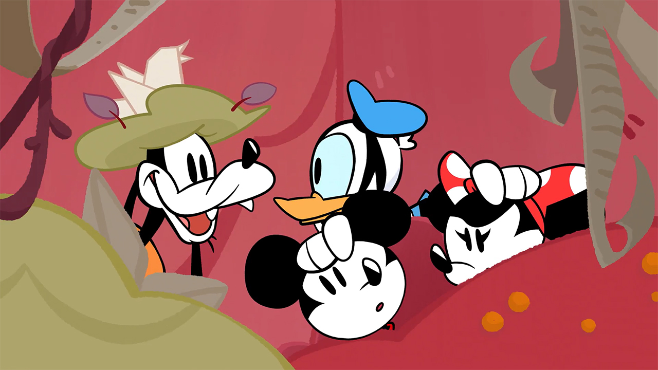 Extrait de la vidéo de lancement du jeu Disney illusion Island, où l'on peut voir Dingo, Donald, Mickey et Minnie