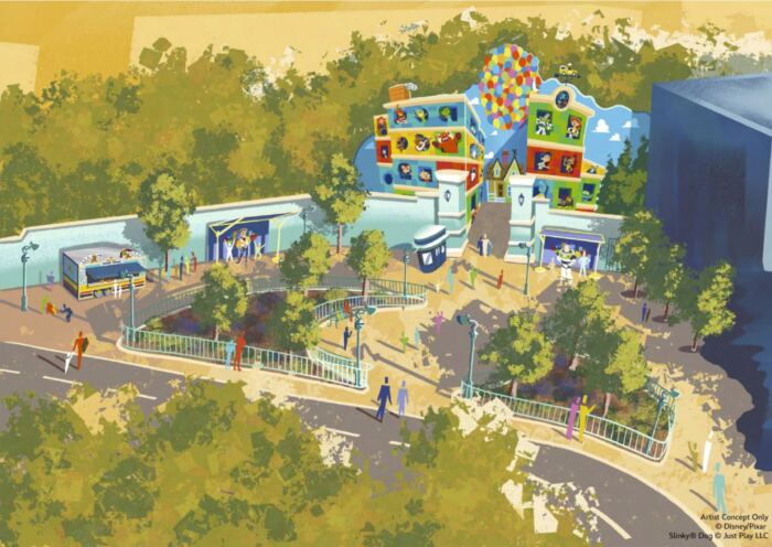 Artwork de la nouvelle Pixar à Disneyland Paris remplaçant Toon Studio au parc Walt Disney Studio