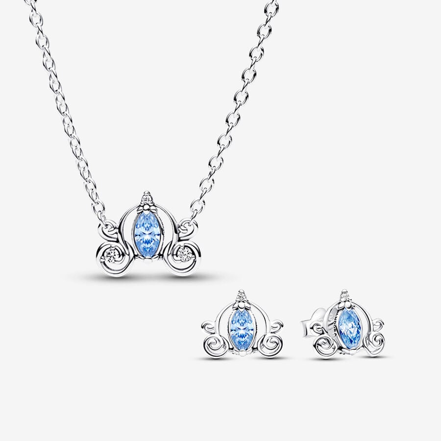 Collier et boucles d'oreilles Disney Cendrillon sertis de cristaux bleus.