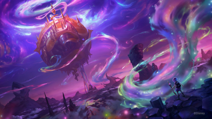 Une image inspirée de Lorcana d'un navire planant dans le ciel de Disney, rappelant un jeu magique.