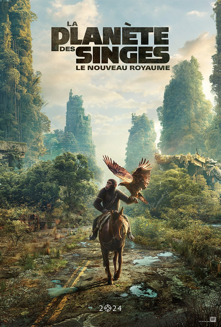 Une affiche pour "Planète les Singes" représentant un aigle chevauchant un cheval.
