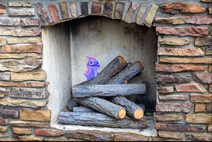 Une cheminée avec des bûches et un dragon violet peint dessus à EPCOT.