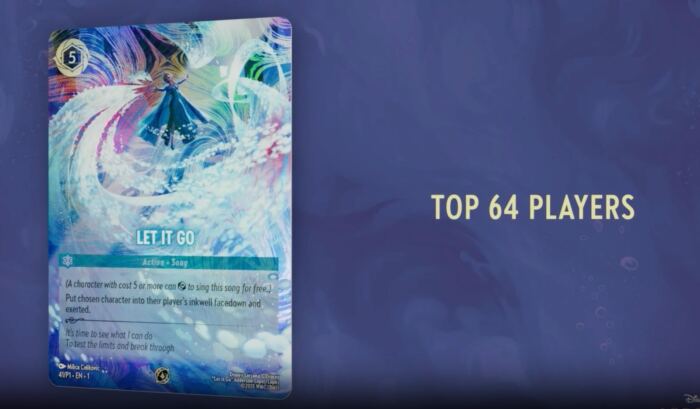 Une carte à collectionner Lorcana colorée sur le thème « Let it go » affichant du texte et des illustrations, désignant un prix pour les 64 meilleurs joueurs.