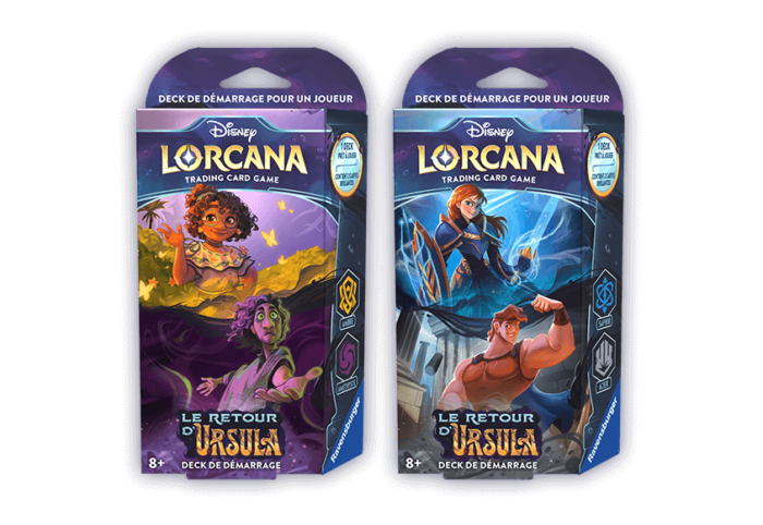Deux decks de démarrage du jeu de cartes à collectionner Disney Lorcana présentant des illustrations des personnages de La Petite Sirène, dévoilés au chapitre 4.