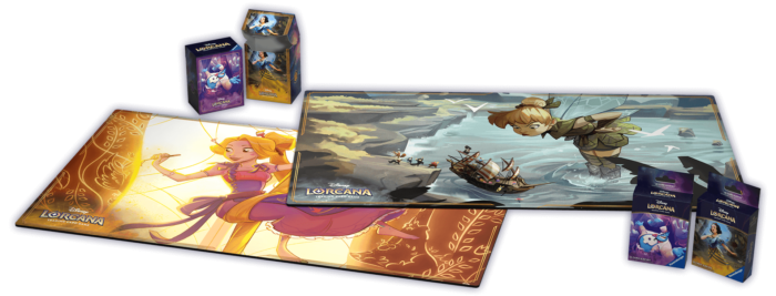 Une collection de produits de jeu fantastiques sur le thème de Lorcana, comprenant des cartes à jouer illustrées, un tapis de jeu avec un personnage jetant un sort et un emballage aux designs éclatants.