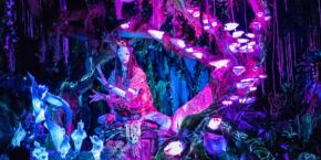 Une scène vibrante éclairée au néon mettant en vedette une silhouette entourée d'une flore et d'une faune lumineuses dans un décor forestier mystique rappelant Pandora - Le monde d'Avatar.