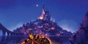 Un groupe de personnages animés profitant d'une promenade en bateau sous un ciel étoilé, avec un château magique au loin à Fantasy Springs à Tokyo.