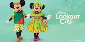 Deux personnages inspirés de Mickey Mouse dans des tenues colorées sur un fond sur le thème de Disney Cruise Line avec le texte « Disney Lookout at Lighthouse Point.