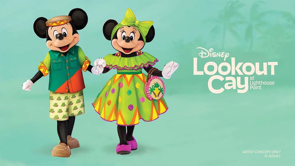 Mickey Mouse et Minnie Mouse dans des tenues colorées sur le thème « Disney Lookout at Lighthouse Point.
