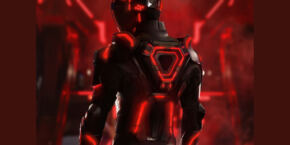 Un homme en costume futuriste se tient devant un feu rouge, qui rappelle des scènes d'ARES ou de TRON.