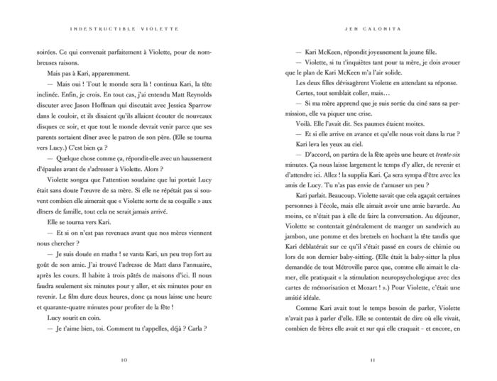 Deux pages d'un livre montrant un texte en français avec en-têtes « violette indestructible » et « un clan colonta » indiquant des sections ou des chapitres distincts.