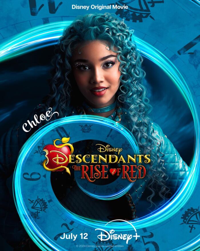 Affiche promotionnelle pour "descendants : l'essor du rouge" de Disney mettant en vedette un jeune personnage féminin avec un anneau lumineux en arrière-plan.