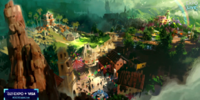 Art conceptuel coloré représentant un village animé et animé avec une architecture diversifiée inspirée des parcs Disney, entourée d'une verdure luxuriante et de falaises abruptes.
