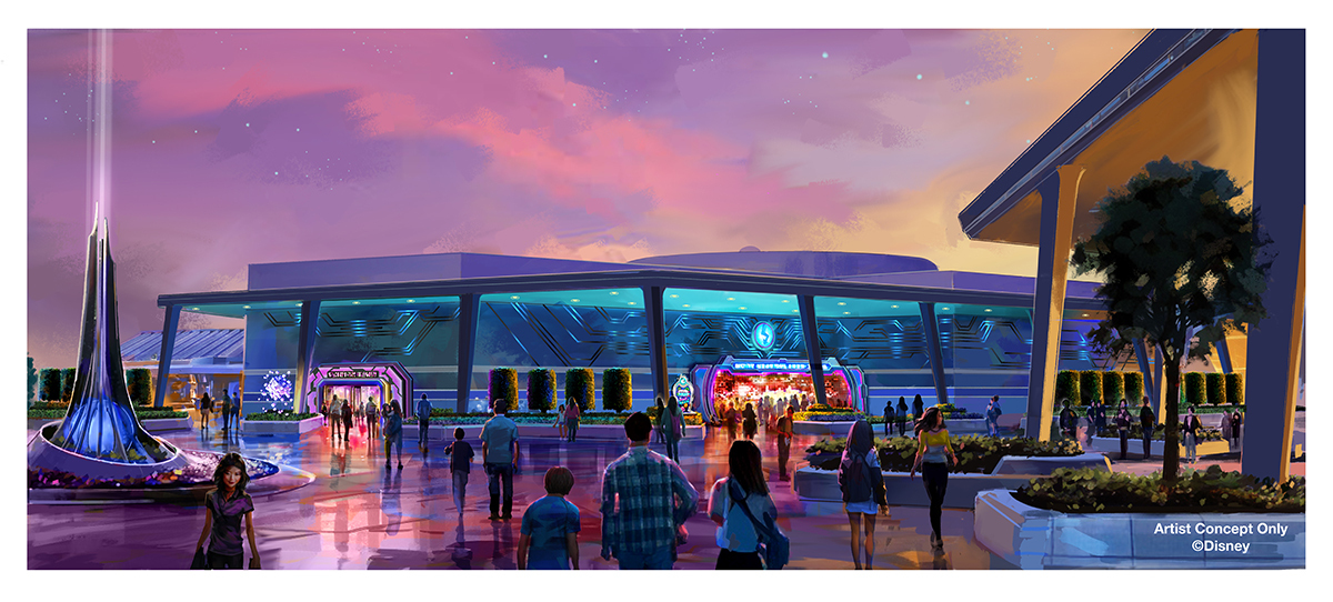 Art conceptuel d'un parc Disney futuriste avec un ciel de coucher de soleil vibrant, des visiteurs s'approchant d'une entrée high-tech et des attractions lumineuses colorées inspirées de Tokyo Disneyland.