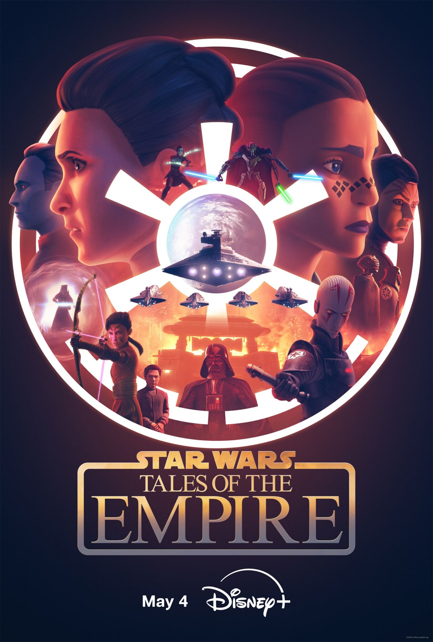 Affiche promotionnelle pour "Star Wars : Les Contes de l'Empire" présentant des personnages et des vaisseaux clés, avec une date de sortie le 4 mai sur Disney+.