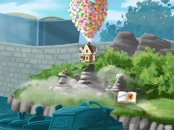Illustration d'une maison soulevée par des ballons au-dessus d'un paysage rocheux avec des personnages de différents films et livres, dont un grand livre ouvert en arrière-plan.
