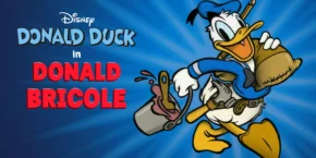 Illustration de Donald Duck portant une casquette et une chemise bleues, portant un sac et un seau de peinture avec des pinceaux, à côté du texte « Disney Donald Duck dans 90 ans du canard » sur fond rayé bleu. Ce vibrant hommage rend hommage à Donald Bricole.