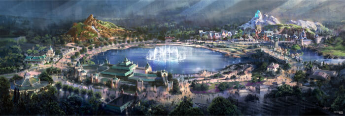 Vue d'artiste de Disney Adventure World et de son plan d'eau central, qui abrite le restaurant The Regal View