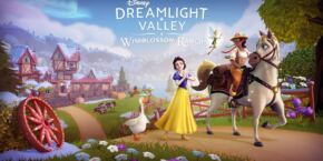 image promotionnelle pour disney dreamlight valley : wishblossom ranch, mettant en scène blanche neige, raiponce et clochette dans un village animé rempli de cottages, de fleurs et d'un cheval. marquez vos calendriers pour la sortie du 18/11/2025 !.