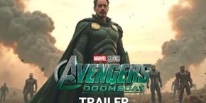 un homme vêtu d'un costume vert et or se tient devant d'autres personnes portant des costumes similaires, au milieu de la fumée et de la destruction. le texte indique "marvel studios avengers : secret wars doomsday trailer", annonçant le film épique marvel 2027.
