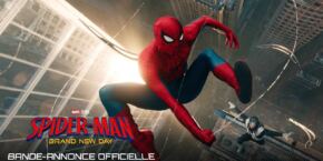 spider man se balance dans le ciel d'une ville aux côtés d'un autre héros masqué dans ce film marvel 2026. l'image comporte le texte "spider man brand new day" et "bande annonce officielle.