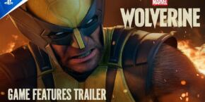 wolverine, vêtu de son costume jaune, a l'air féroce et déterminé ; le titre du jeu « marvel’s wolverine » et la mention « game features trailer » apparaissent sur l'image.
